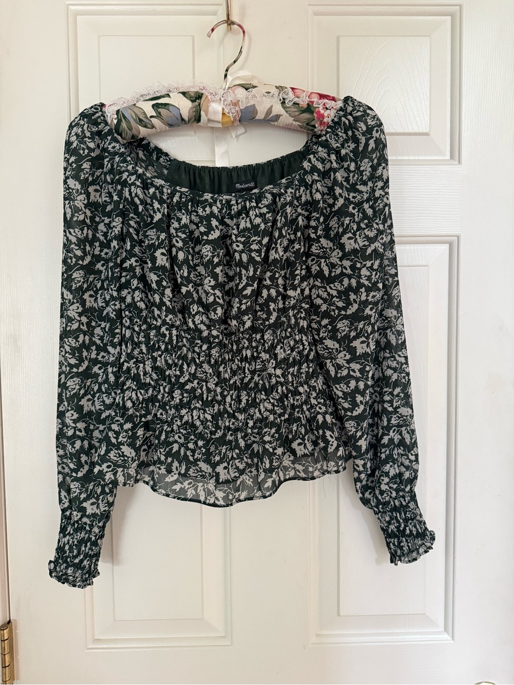 Madewell Dark Green with Floral Smocked Blouse